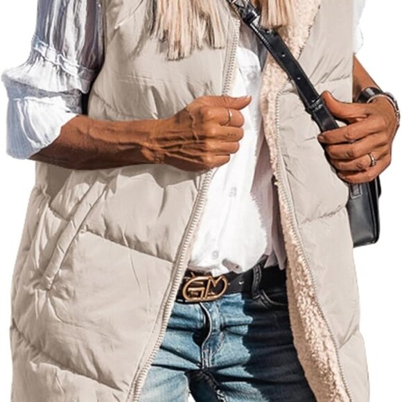 Fall Long Puffer Vest Women Sleeveless Hooded Reversible Fleece Sherpa Jacket Zi - Picture 1 of 5